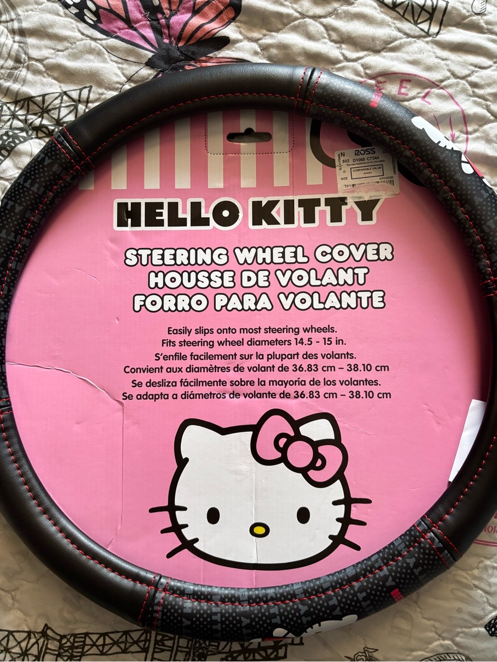 Hello Kitty Black and Pink Steering Wheel Cover with Bow Accent